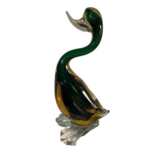 9” Handblown Murano Art Glass Vintage Green & Amber Duck Figurine - Picture 4 of 8